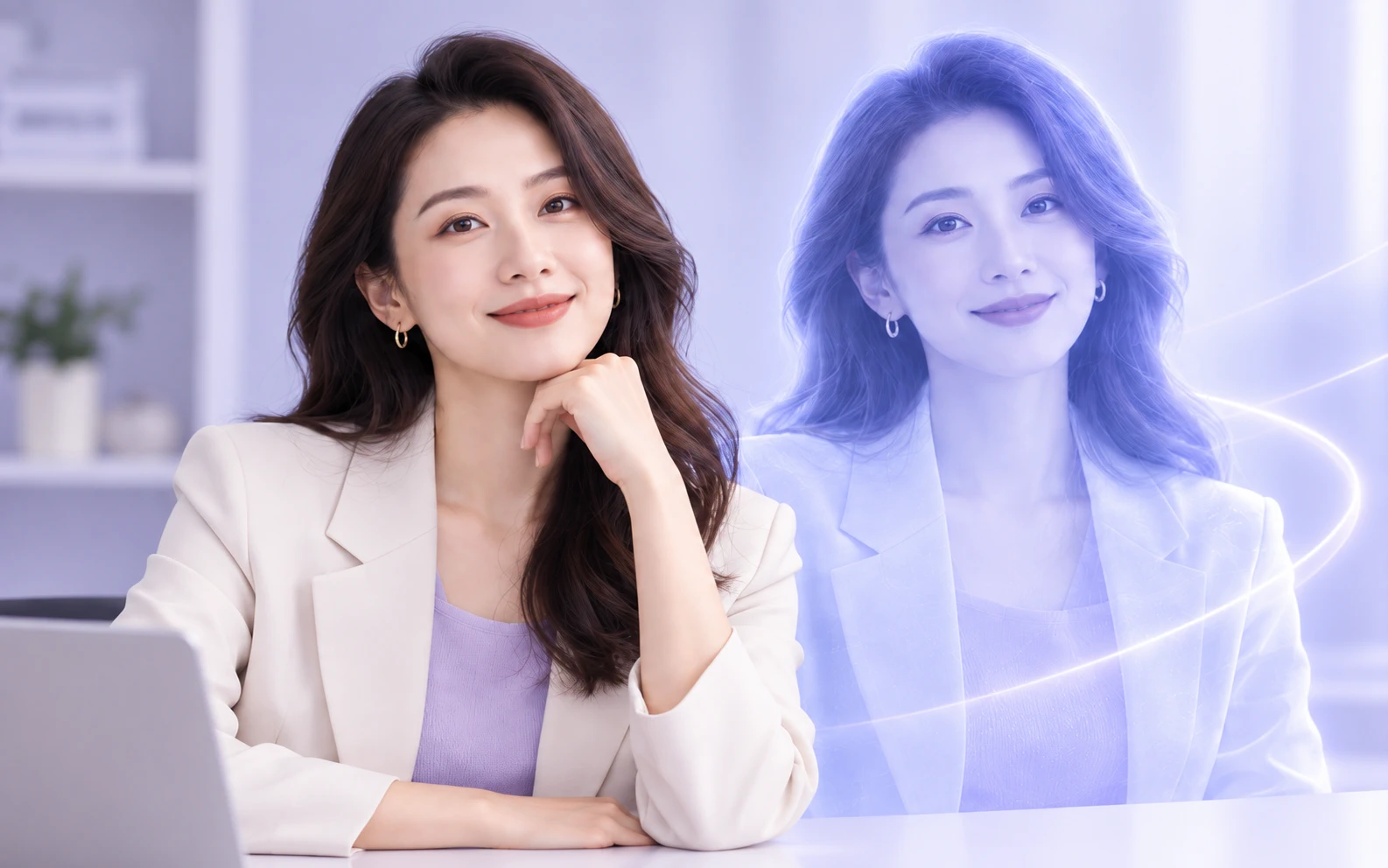 白色西装女性与她的紫色数字分身视觉示意