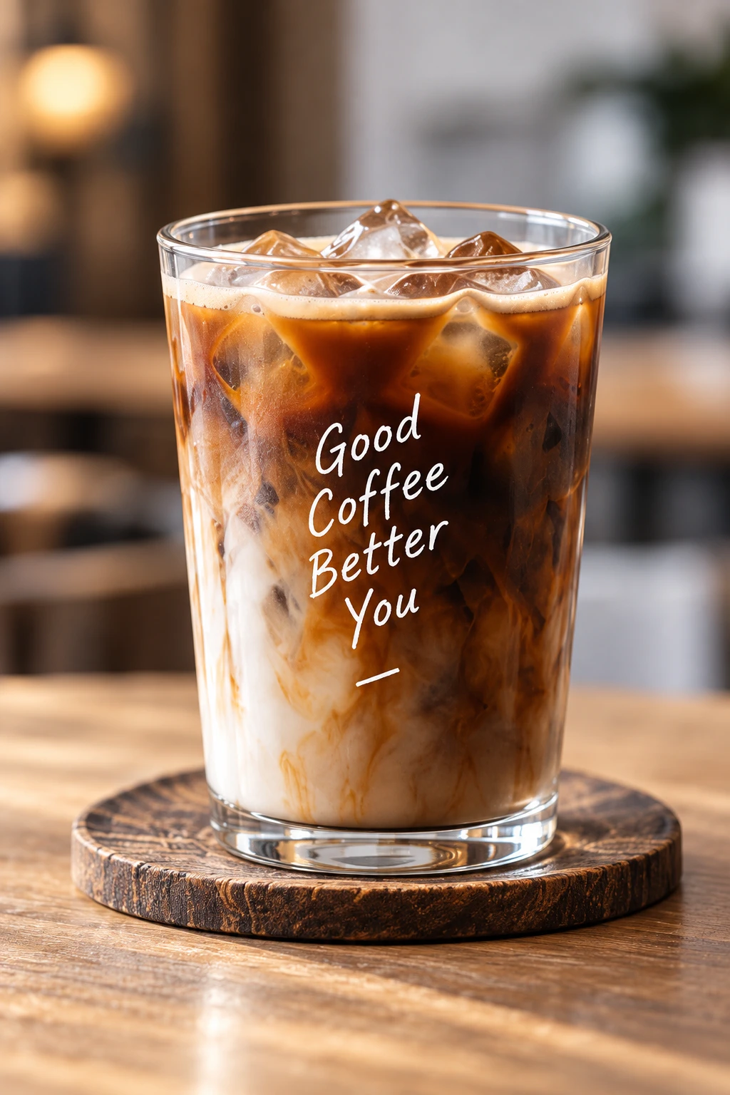 带 Good Coffee Better You 白色字样的玻璃杯冰咖啡